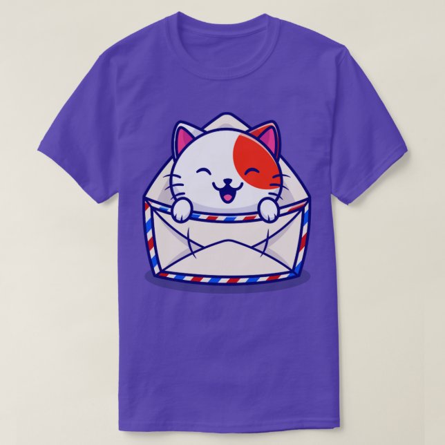 Cute Cat In Envelope Cartoon T-Shirt (Design Front)
