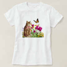 Cute Cat in Flower Garden with Butterfly