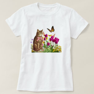 Cute Cat in Flower Garden with Butterfly T-Shirt