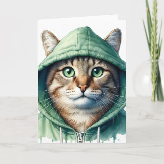 Cute Cat in Green Hoodie Funny Cozy Kitty Blank Card