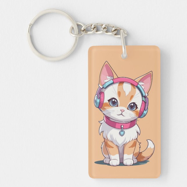 Cute Cat in Headphone Chic Keychain (Front)