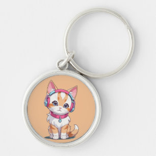 Cute Cat in Headphone Chic Keychain