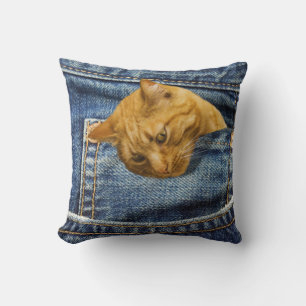 Cute cat in jeans pocket funny illusion throw pillow