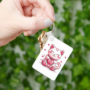 cute cat in love with pink heart keychain