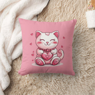 cute cat in love with pink heart  throw pillow