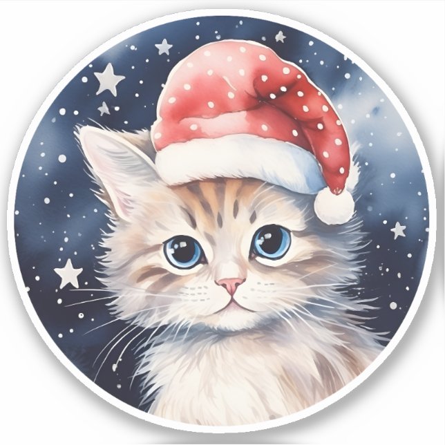 Cute Cat  In Red Polka Dot Santa Hat Starry Sky (Front)