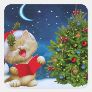 Cute cat in Santa Claus hat cartoon Square Sticker