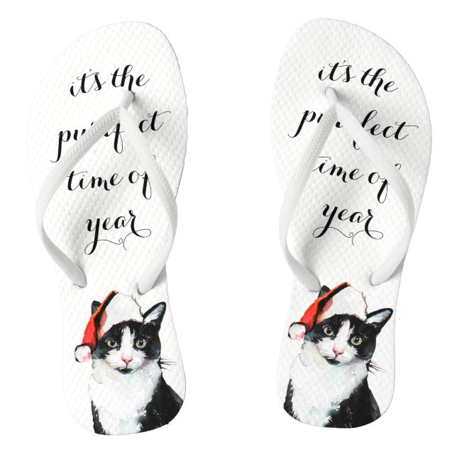 Cute Cat in Santa Hat Purrfect Christmas Flip Flops (Footbed)