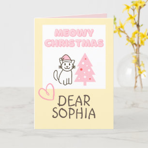 Cute Cat in Santa Hat&Tree Meowy Christmas Pastel  Card