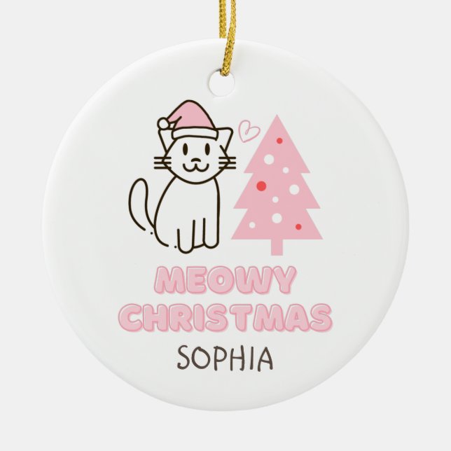 Cute Cat in Santa Hat&Tree Meowy Christmas Pastel Ceramic Ornament (Front)