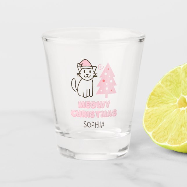 Cute Cat in Santa Hat&Tree Meowy Christmas Pastel Shot Glass (Front)