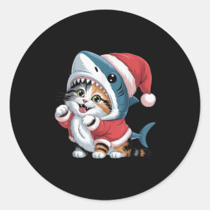 Cute Cat In Shark Costume With Santa Hat Christmas Classic Round Sticker