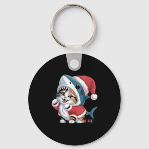Cute Cat In Shark Costume With Santa Hat Christmas Keychain
