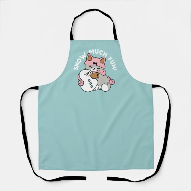 Cute Cat in Snow Gear with Snowman Art Apron (Front)
