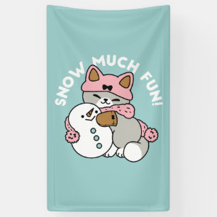 Cute Cat in Snow Gear with Snowman Art Banner