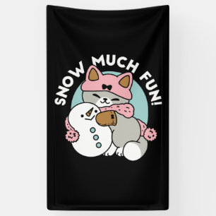 Cute Cat in Snow Gear with Snowman Art Banner