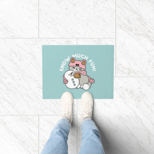 Cute Cat in Snow Gear with Snowman Art Doormat