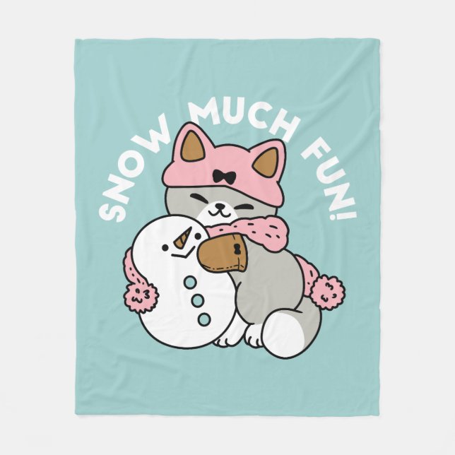 Cute Cat in Snow Gear with Snowman Art Fleece Blanket (Front)