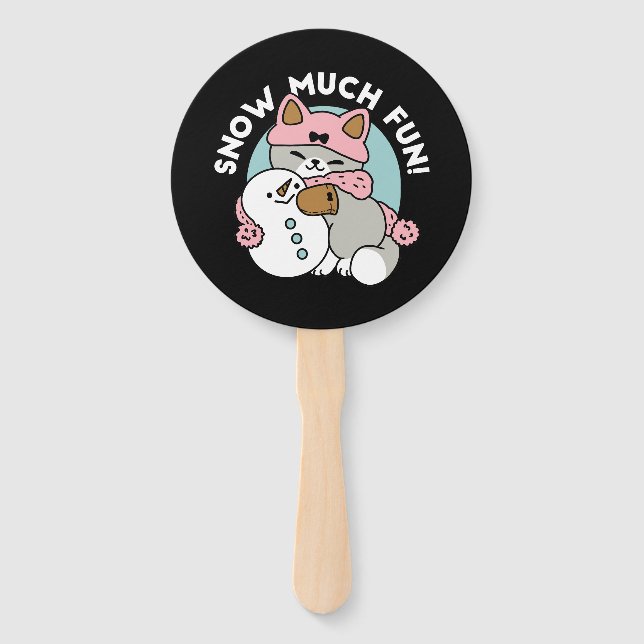 Cute Cat in Snow Gear with Snowman Art Hand Fan (Front)