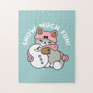 Cute Cat in Snow Gear with Snowman Art Jigsaw Puzzle