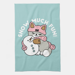 Cute Cat in Snow Gear with Snowman Art Kitchen Towel