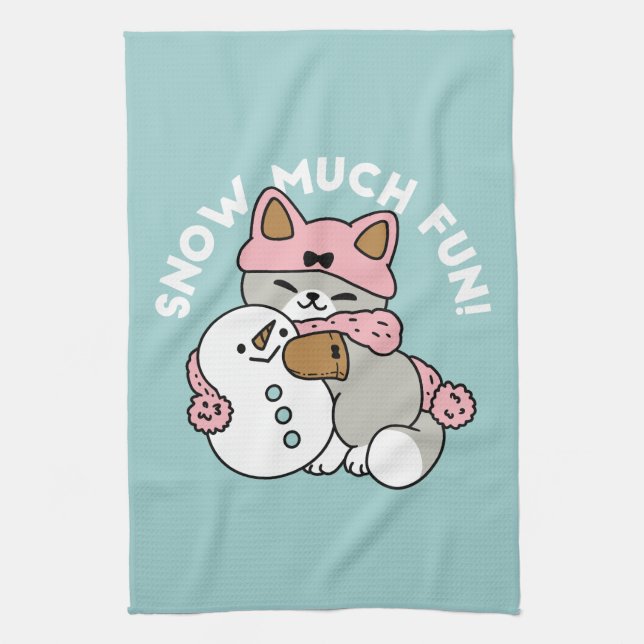 Cute Cat in Snow Gear with Snowman Art Kitchen Towel (Vertical)