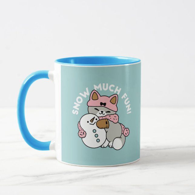 Cute Cat in Snow Gear with Snowman Art Mug (Left)