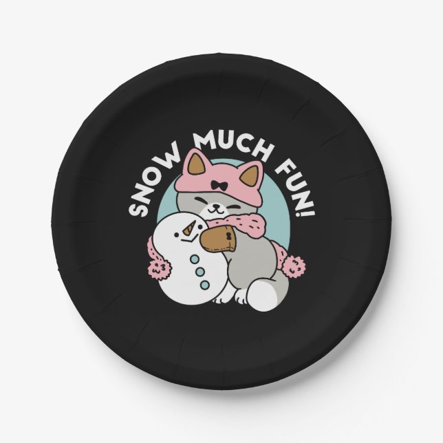 Cute Cat in Snow Gear with Snowman Art Paper Plate (Front)