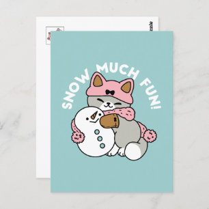 Cute Cat in Snow Gear with Snowman Art Postcard