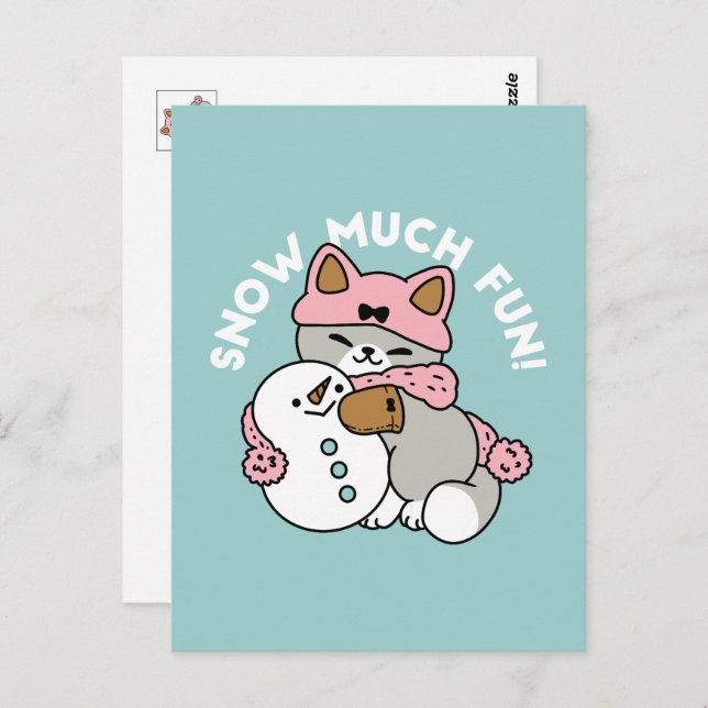 Cute Cat in Snow Gear with Snowman Art Postcard (Front/Back)