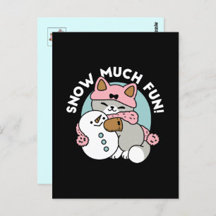 Cute Cat in Snow Gear with Snowman Art Postcard