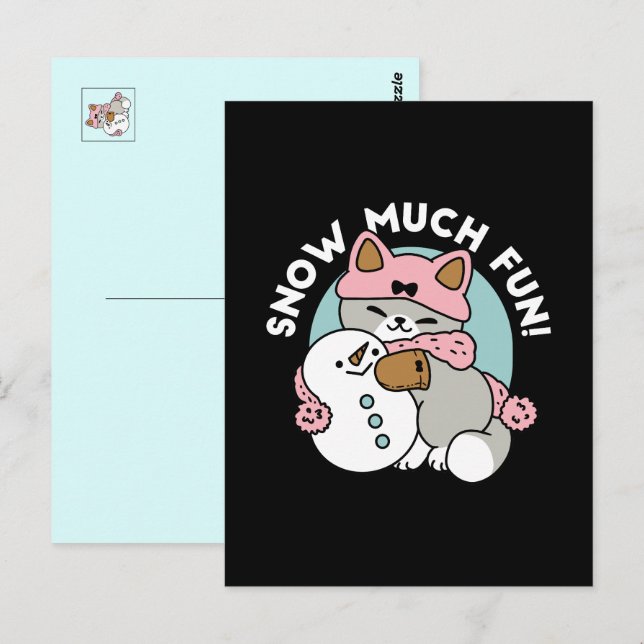 Cute Cat in Snow Gear with Snowman Art Postcard (Front/Back)