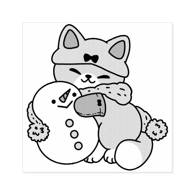 Cute Cat in Snow Gear with Snowman Art Rubber Stamp (Imprint)