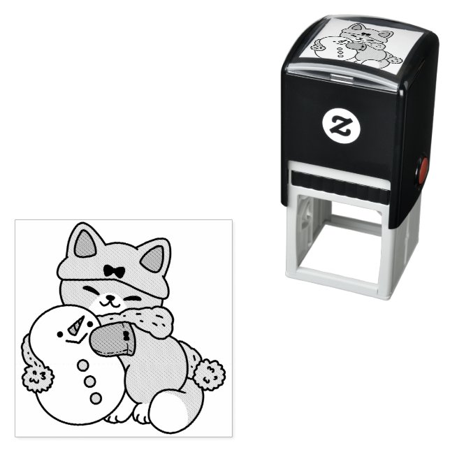 Cute Cat in Snow Gear with Snowman Art Self-inking Stamp (In Situ)