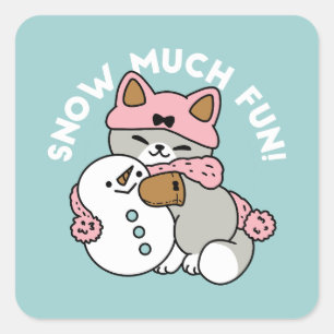 Cute Cat in Snow Gear with Snowman Art Square Sticker