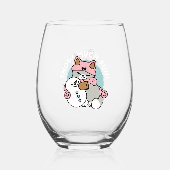Cute Cat in Snow Gear with Snowman Art Stemless Wine Glass (Front)