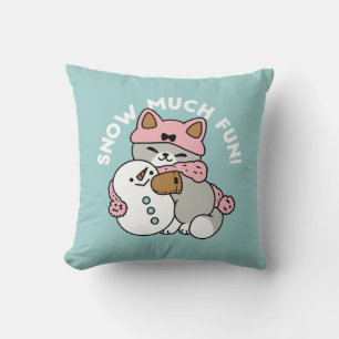 Cute Cat in Snow Gear with Snowman Art Throw Pillow