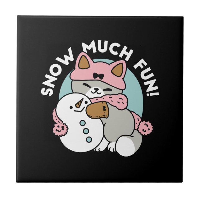 Cute Cat in Snow Gear with Snowman Art Tile (Front)