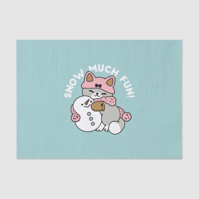 Cute Cat in Snow Gear with Snowman Art Tissue Paper (Front)
