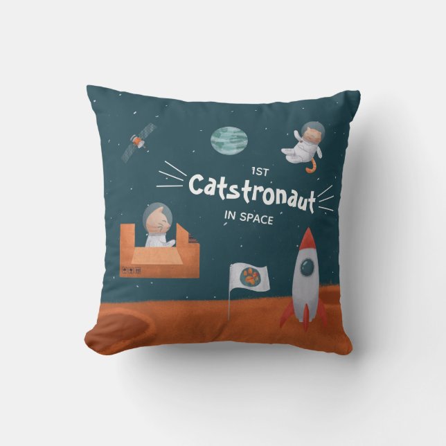 Cute Cat in Space, Cats on Mars, Fun Throw Pillow (Front)