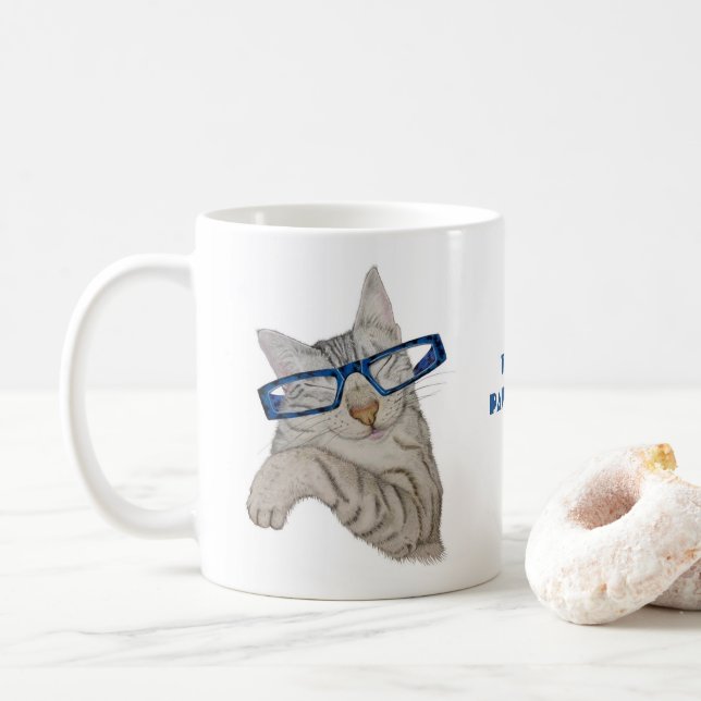 Cute Cat in Specs Think Pawsitive Positivity Quote Coffee Mug (With Donut)