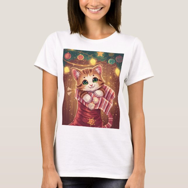 Cute Cat in Stocking Christmas Holiday T-Shirt (Front)