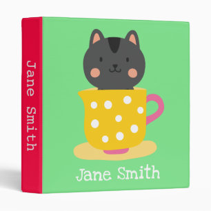 Cute cat in teacup cartoon on mint binder