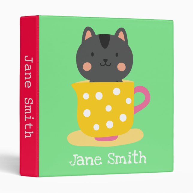 Cute cat in teacup cartoon on mint binder (Front/Spine)