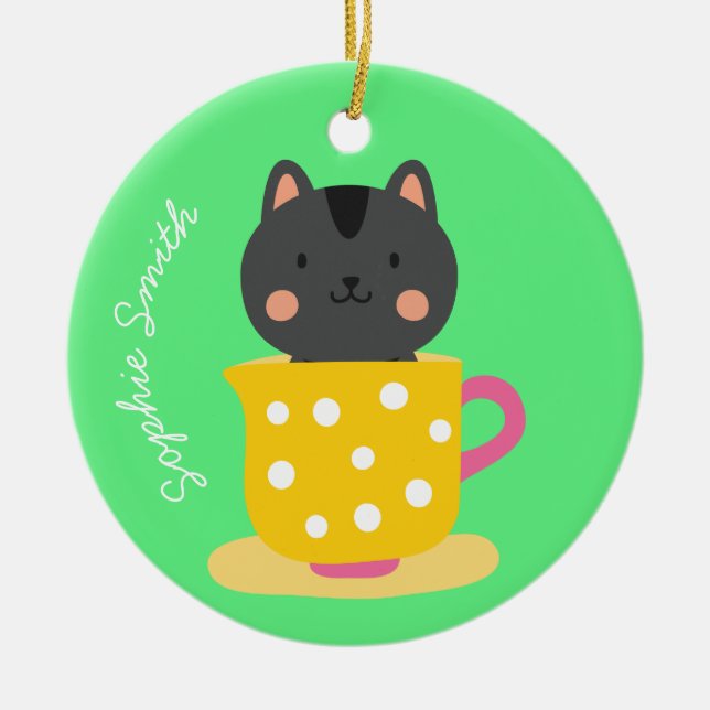Cute cat in teacup cartoon on mint ceramic ornament (Front)