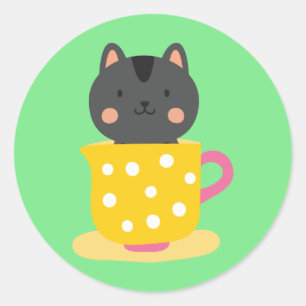 Cute cat in teacup cartoon on mint classic round sticker