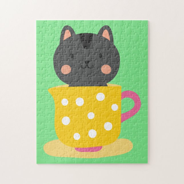Cute cat in teacup cartoon on mint jigsaw puzzle (Vertical)