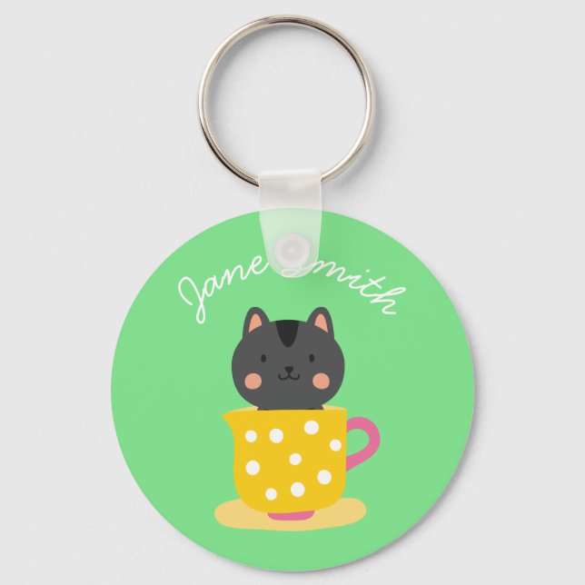 Cute cat in teacup cartoon on mint keychain (Front)
