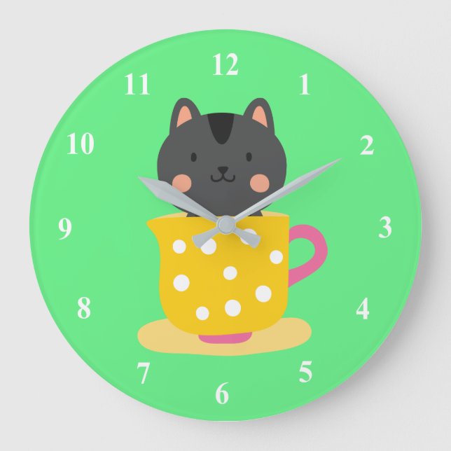 Cute cat in teacup cartoon on mint large clock (Front)