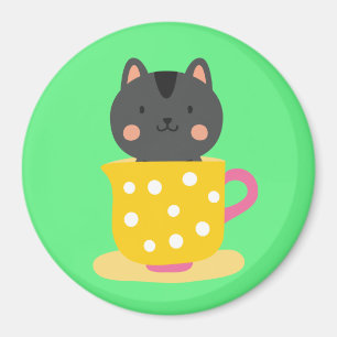 Cute cat in teacup cartoon on mint magnet